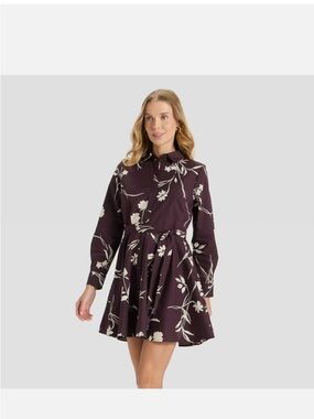 A New Day Medium Plum Floral Tie-Waist Long Sleeve Shirtdress- NWT